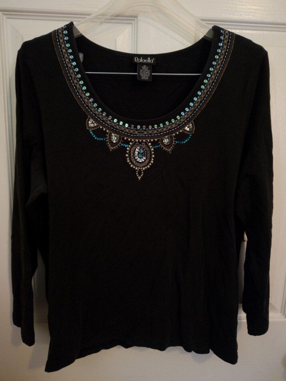 Rafaella Women’s Black Embroidered Sequin Scoop Neck Stretch Knit Top XL